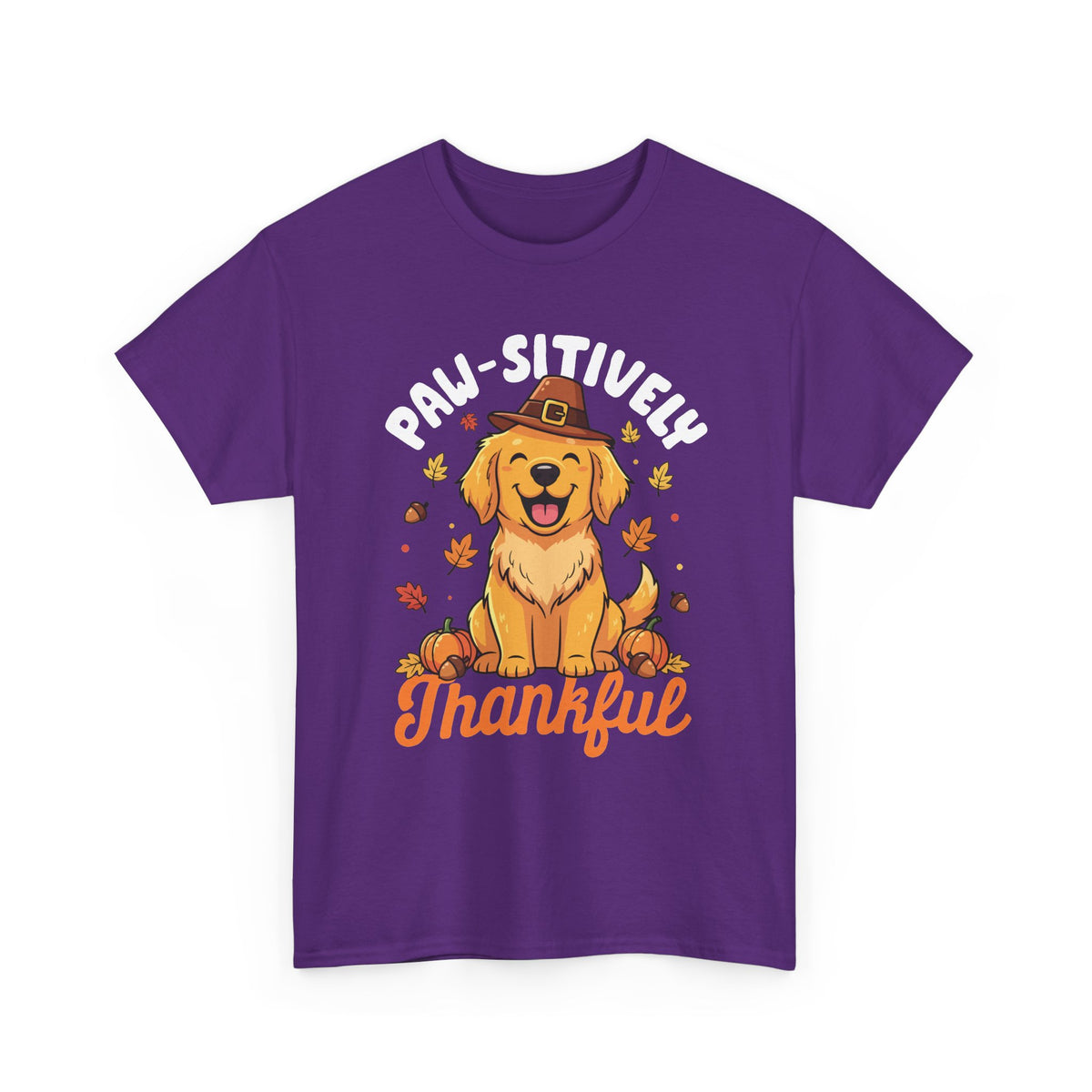 Purple Paw-sitively Thankful t-shirt with a golden retriever puppy in a pilgrim hat, front view
