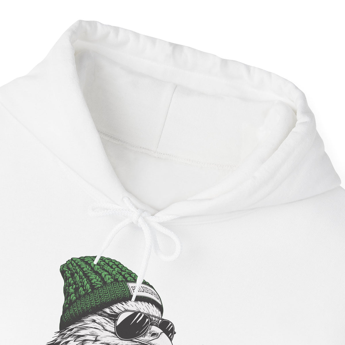 Philly eagle beanie hoodie, hood and print detail