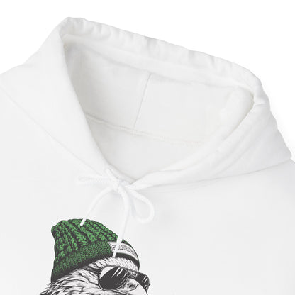 Philly eagle beanie hoodie, hood and print detail