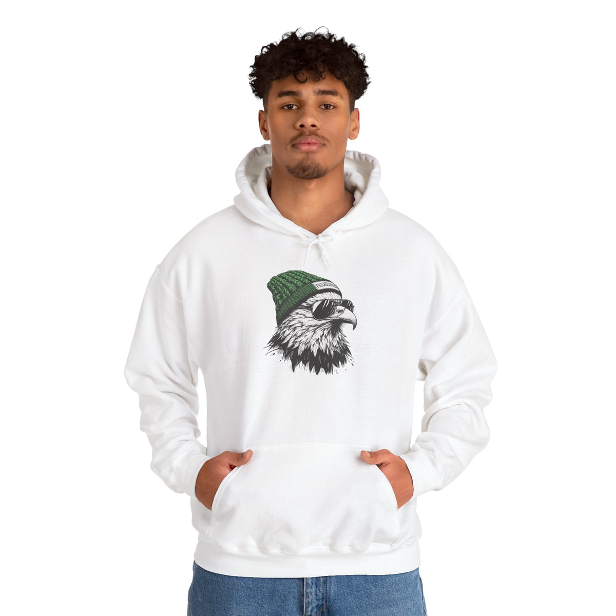 Man wearing the Philly eagle beanie hoodie, front view