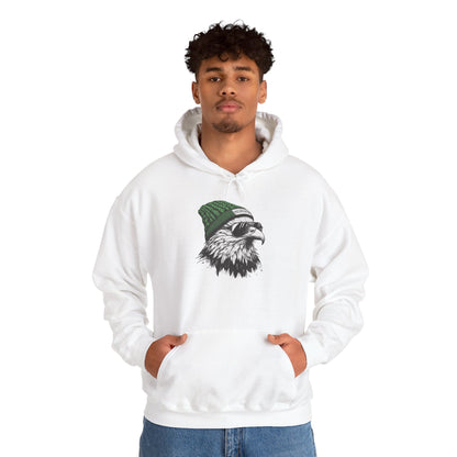 Man wearing the Philly eagle beanie hoodie, front view