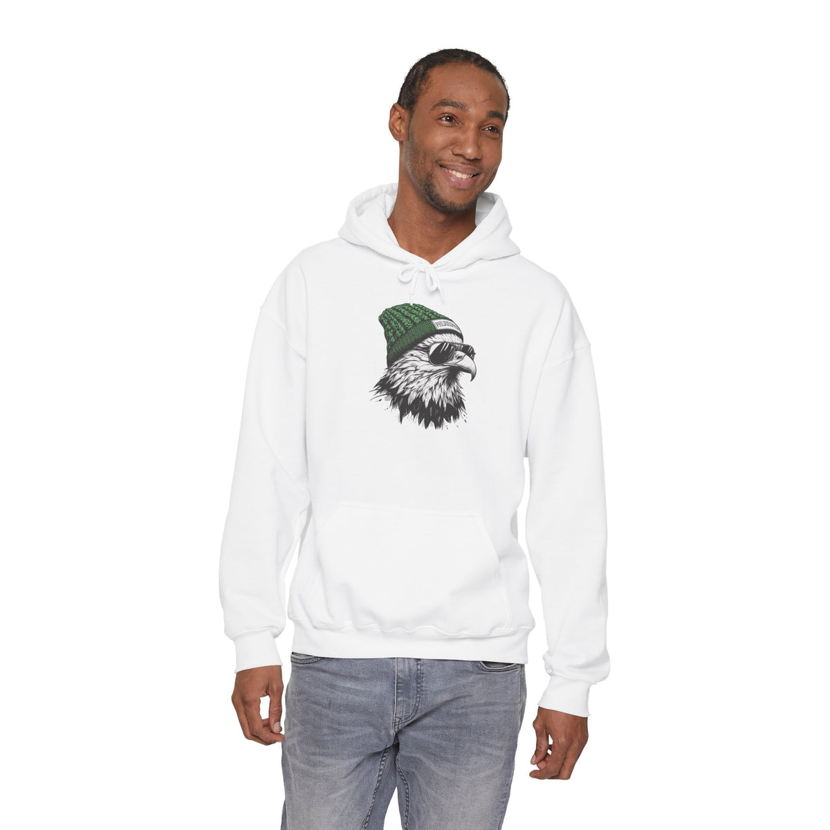 Man wearing the Philly eagle beanie hoodie, alternative view