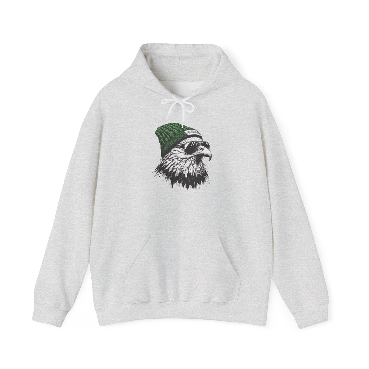 Ash Philly eagle beanie hoodie with eagle in green knit hat and aviators, front view