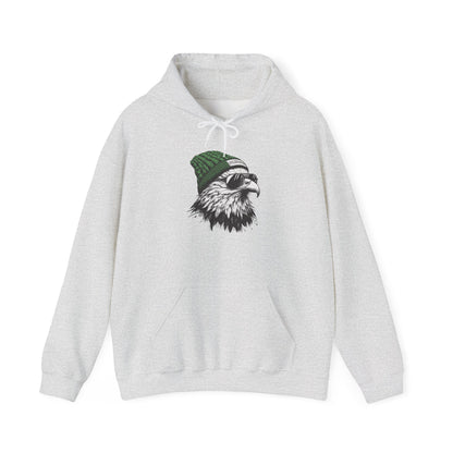 Ash Philly eagle beanie hoodie with eagle in green knit hat and aviators, front view
