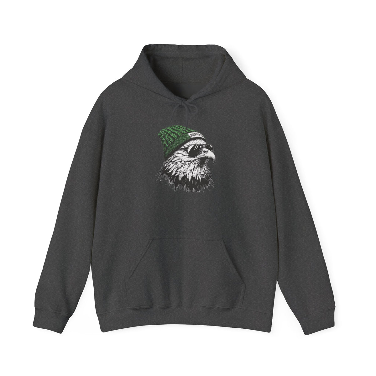 Dark Heather Philly eagle beanie hoodie with eagle in green knit hat and aviators, front view