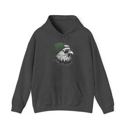 Dark Heather Philly eagle beanie hoodie with eagle in green knit hat and aviators, front view
