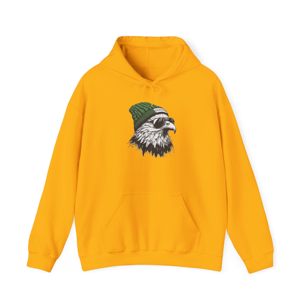Gold Philly eagle beanie hoodie with eagle in green knit hat and aviators, front view