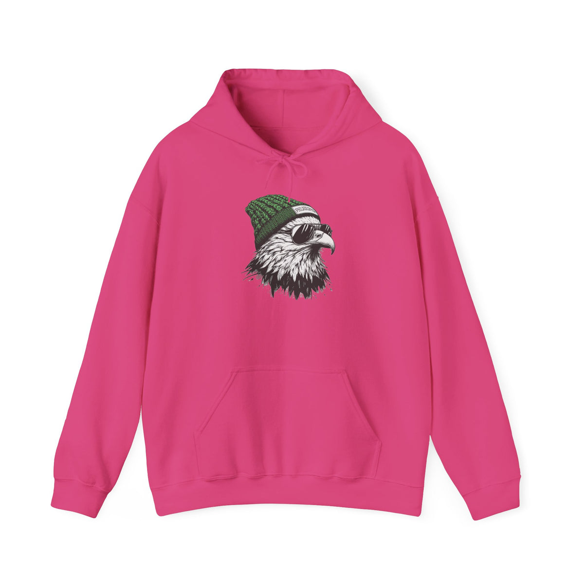 Heliconia Philly eagle beanie hoodie with eagle in green knit hat and aviators, front view