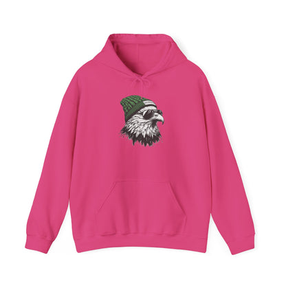 Heliconia Philly eagle beanie hoodie with eagle in green knit hat and aviators, front view