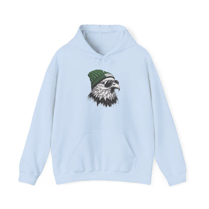 Light Blue Philly eagle beanie hoodie with eagle in green knit hat and aviators, front view