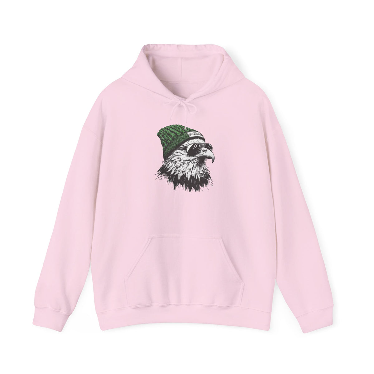 Light Pink Philly eagle beanie hoodie with eagle in green knit hat and aviators, front view
