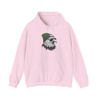 Light Pink Philly eagle beanie hoodie with eagle in green knit hat and aviators, front view