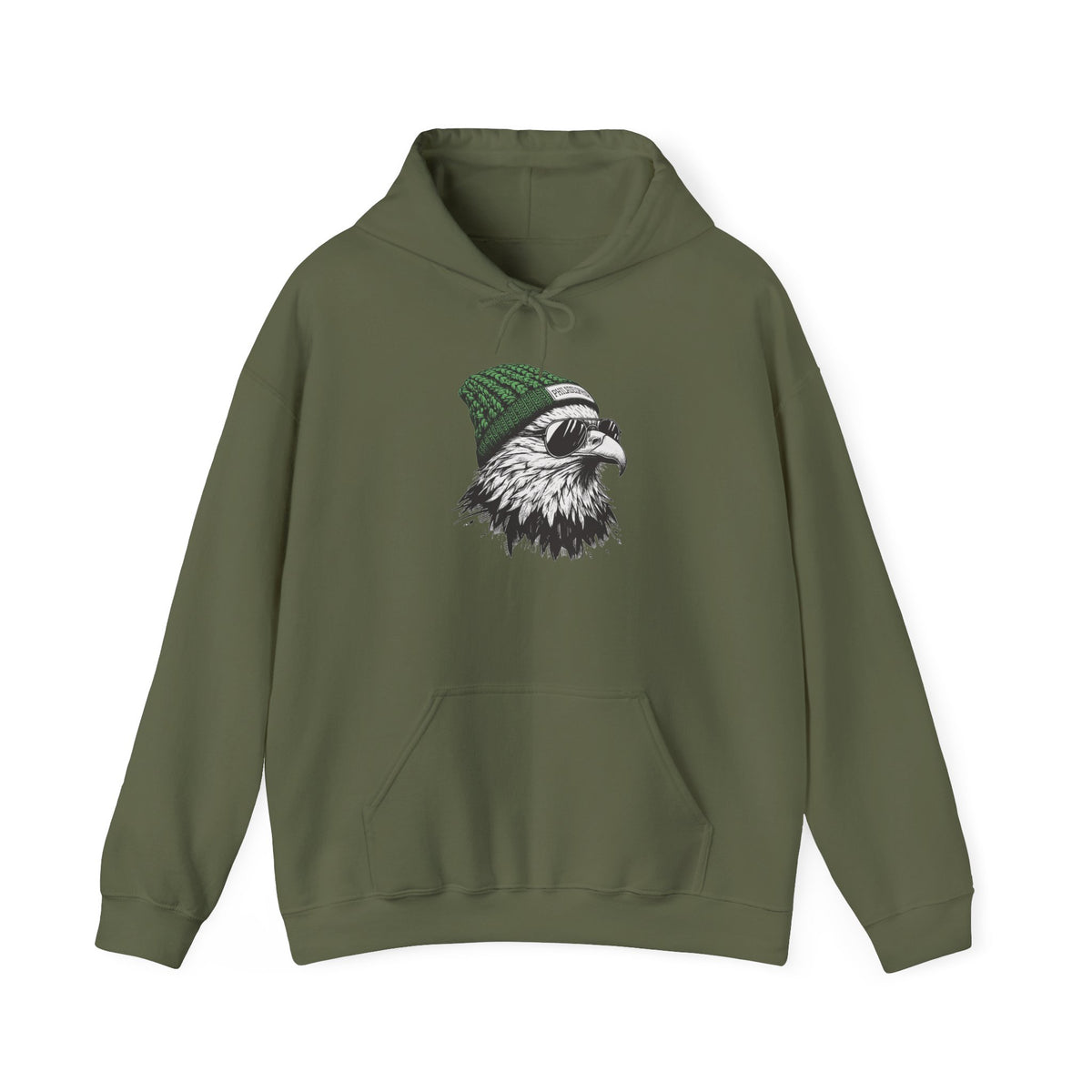 Military Green Philly eagle beanie hoodie with eagle in green knit hat and aviators, front view
