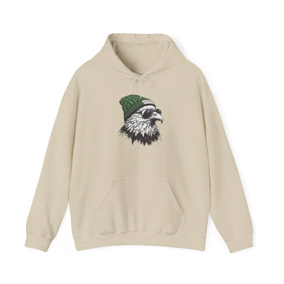 Sand Philly eagle beanie hoodie with eagle in green knit hat and aviators, front view