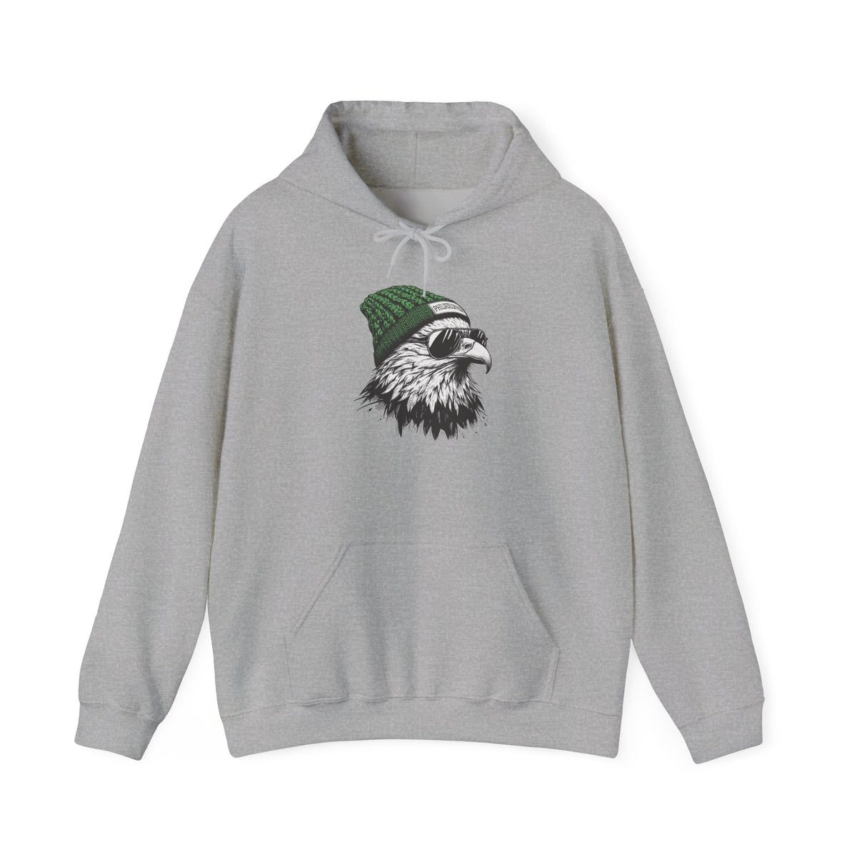 Sport Grey Philly eagle beanie hoodie with eagle in green knit hat and aviators, front view