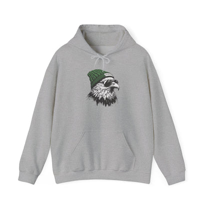 Sport Grey Philly eagle beanie hoodie with eagle in green knit hat and aviators, front view
