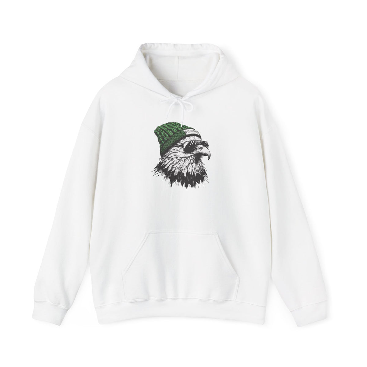 White Philly eagle beanie hoodie with eagle in green knit hat and aviators, front view