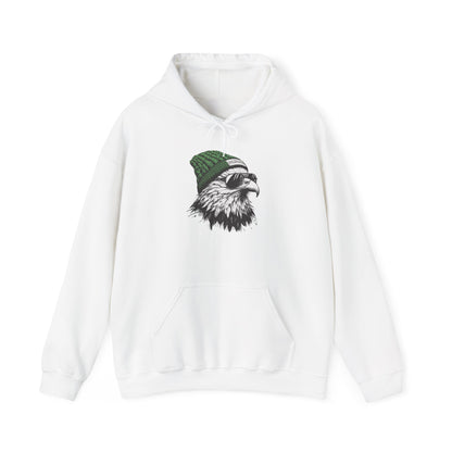 White Philly eagle beanie hoodie with eagle in green knit hat and aviators, front view