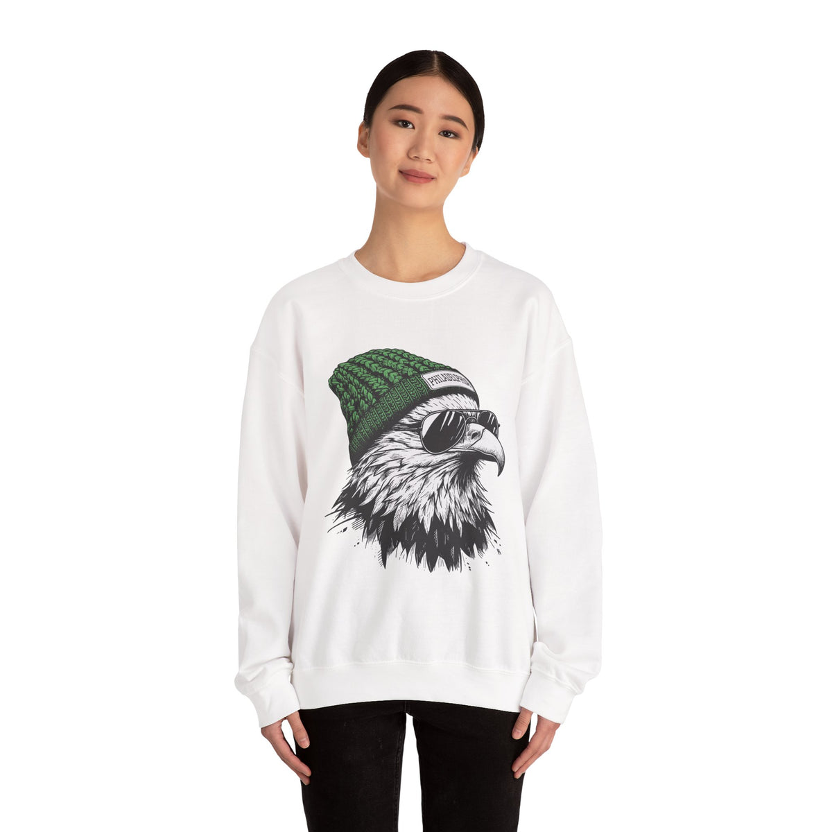 Woman wearing the Philly eagle beanie sweatshirt, front view