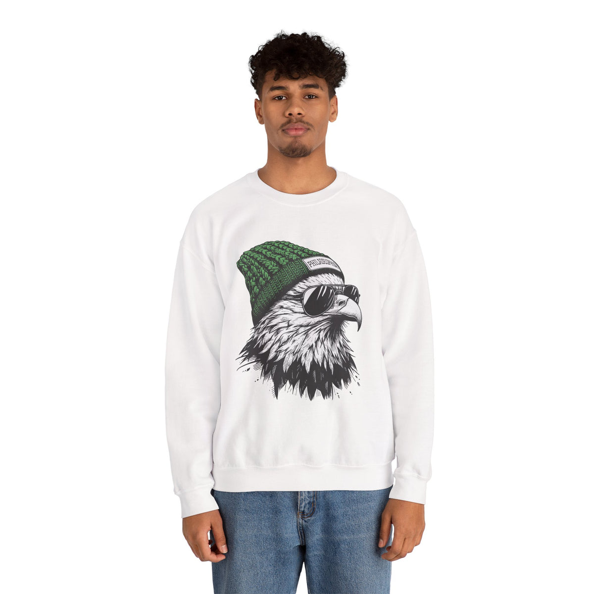 Man wearing the Philly eagle beanie sweatshirt, front view