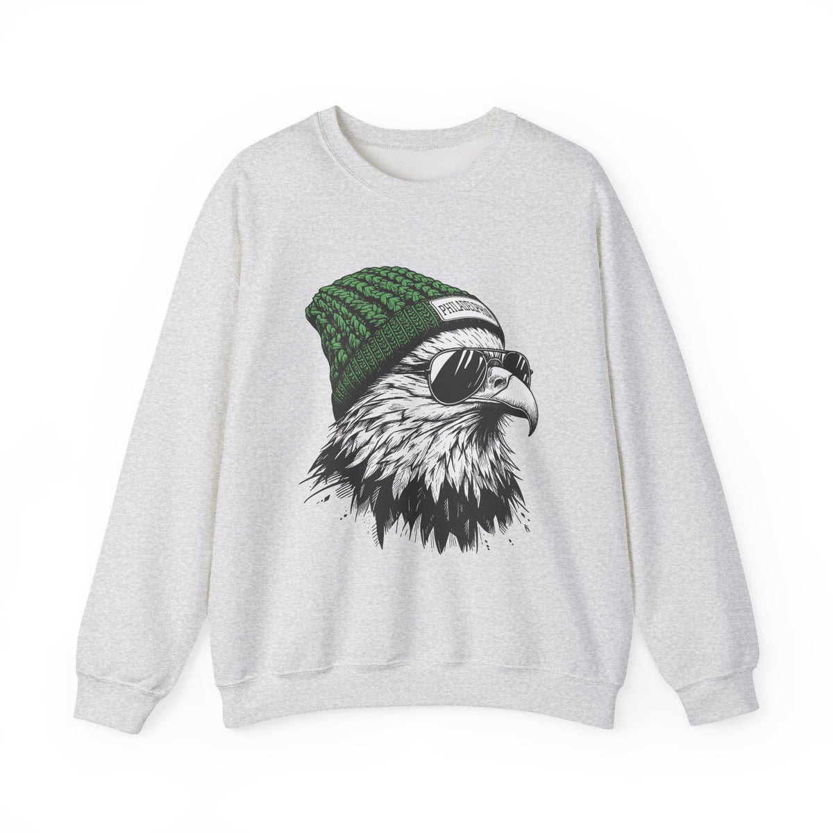 Ash Philly eagle beanie sweatshirt with eagle in green knit hat and aviators, front view