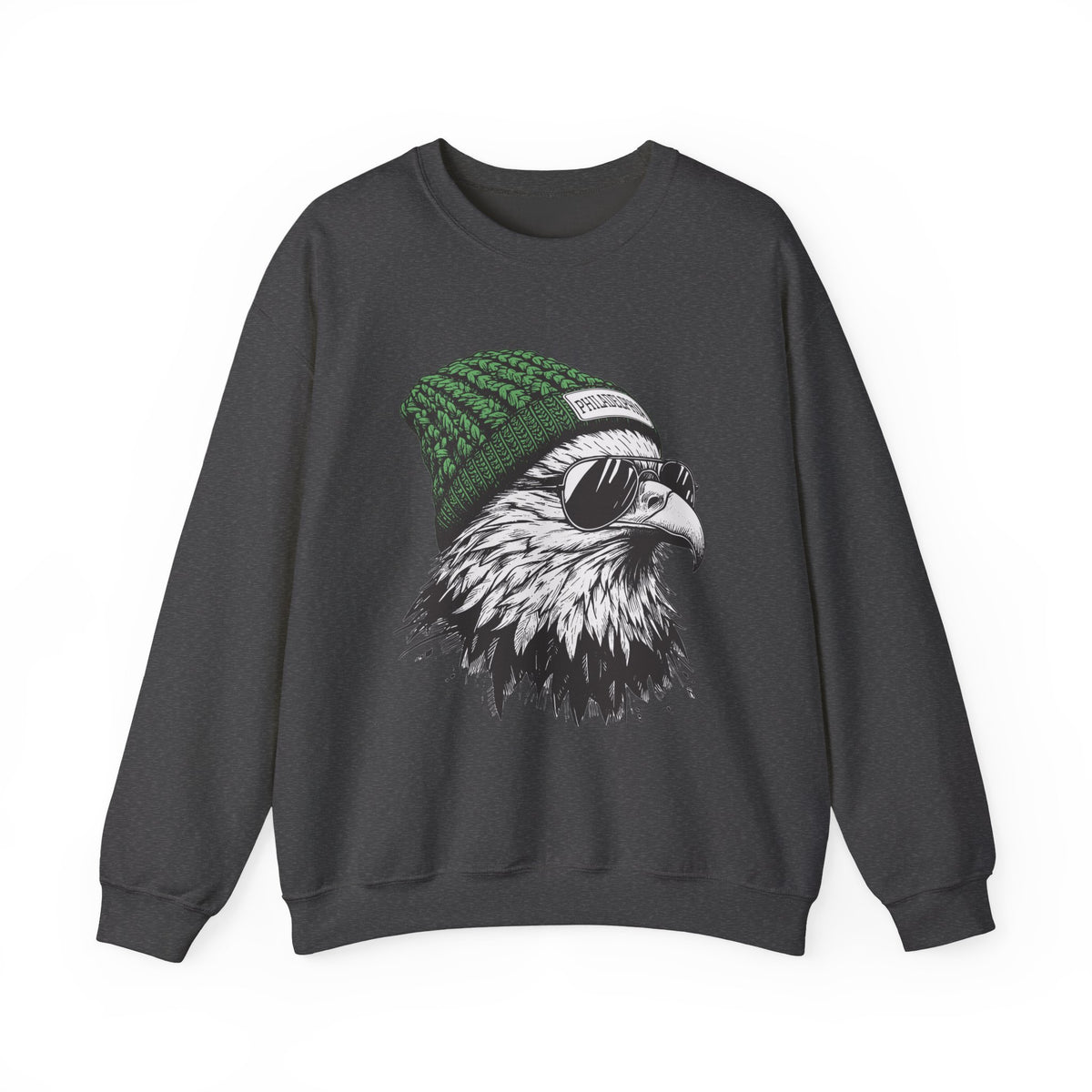 Dark Heather Philly eagle beanie sweatshirt with eagle in green knit hat and aviators, front view