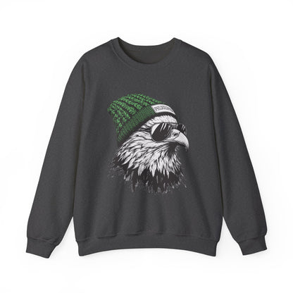 Dark Heather Philly eagle beanie sweatshirt with eagle in green knit hat and aviators, front view