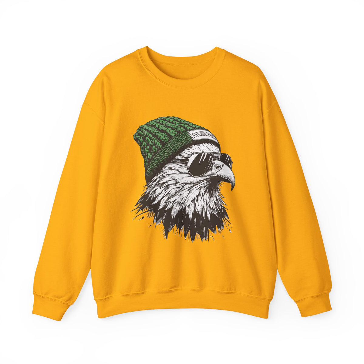 Gold Philly eagle beanie sweatshirt with eagle in green knit hat and aviators, front view