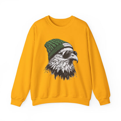 Gold Philly eagle beanie sweatshirt with eagle in green knit hat and aviators, front view