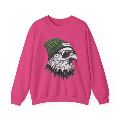 Heliconia Philly eagle beanie sweatshirt with eagle in green knit hat and aviators, front view