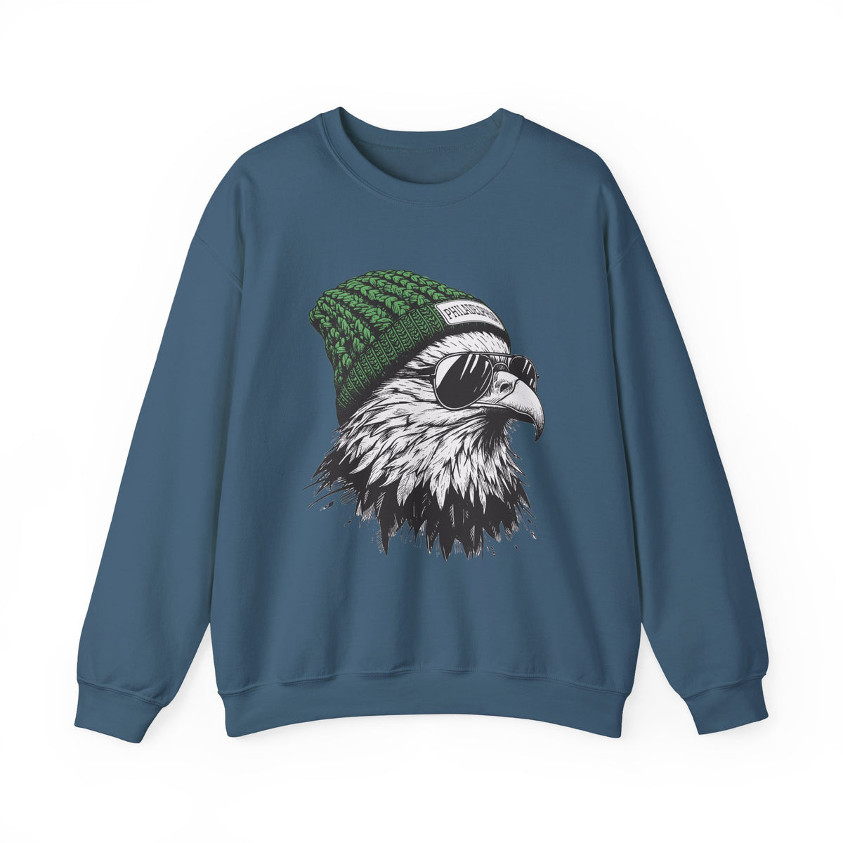 Indigo Blue Philly eagle beanie sweatshirt with eagle in green knit hat and aviators, front view