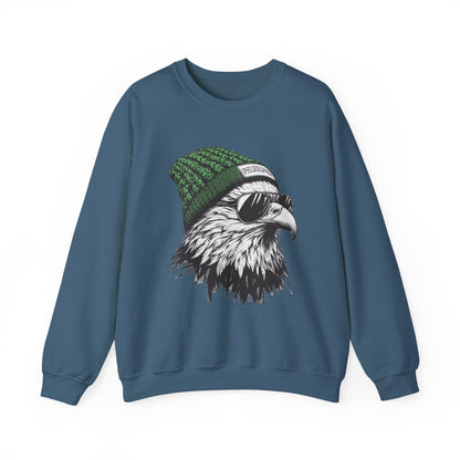 Indigo Blue Philly eagle beanie sweatshirt with eagle in green knit hat and aviators, front view
