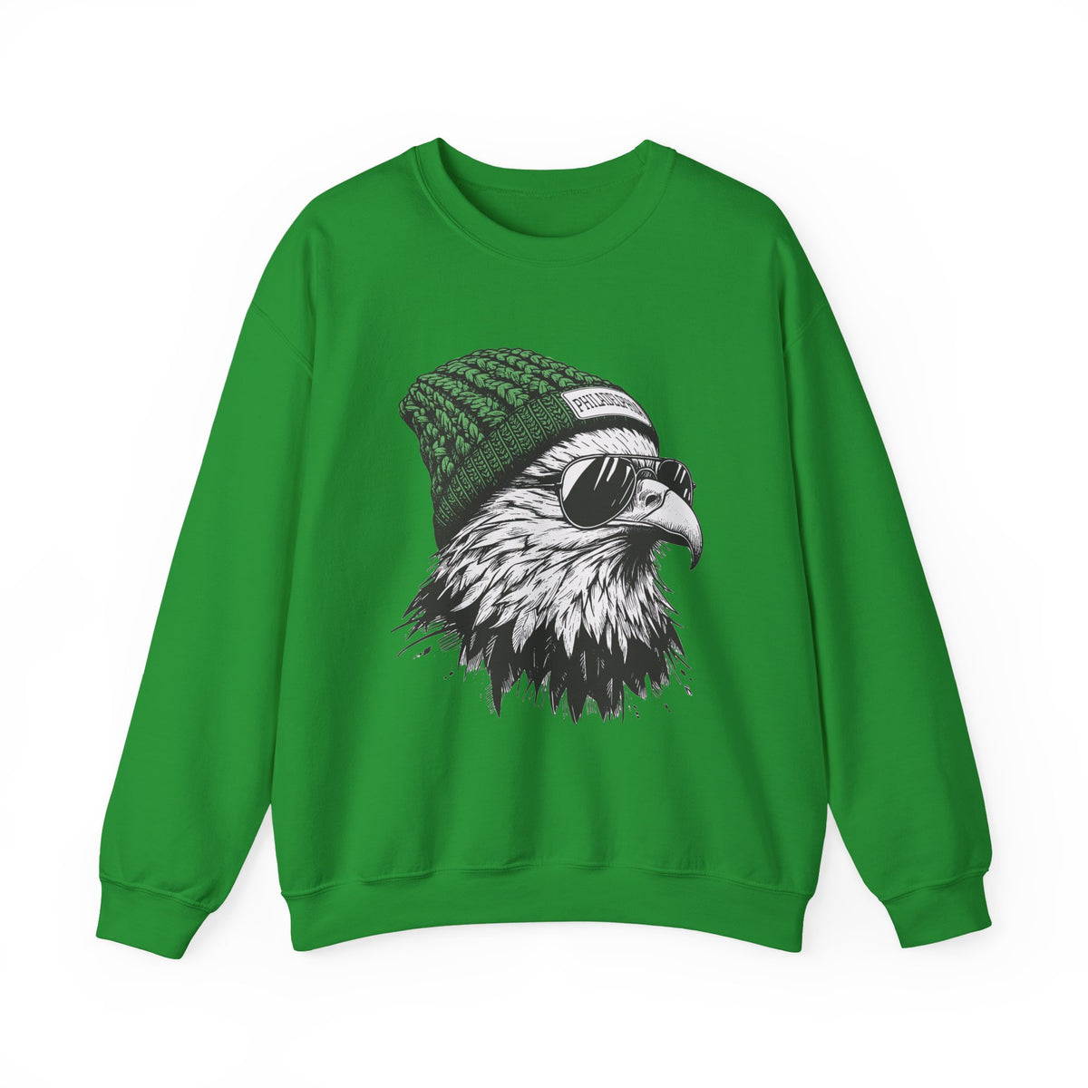Irish Green Philly eagle beanie sweatshirt with eagle in green knit hat and aviators, front view
