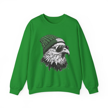 Irish Green Philly eagle beanie sweatshirt with eagle in green knit hat and aviators, front view