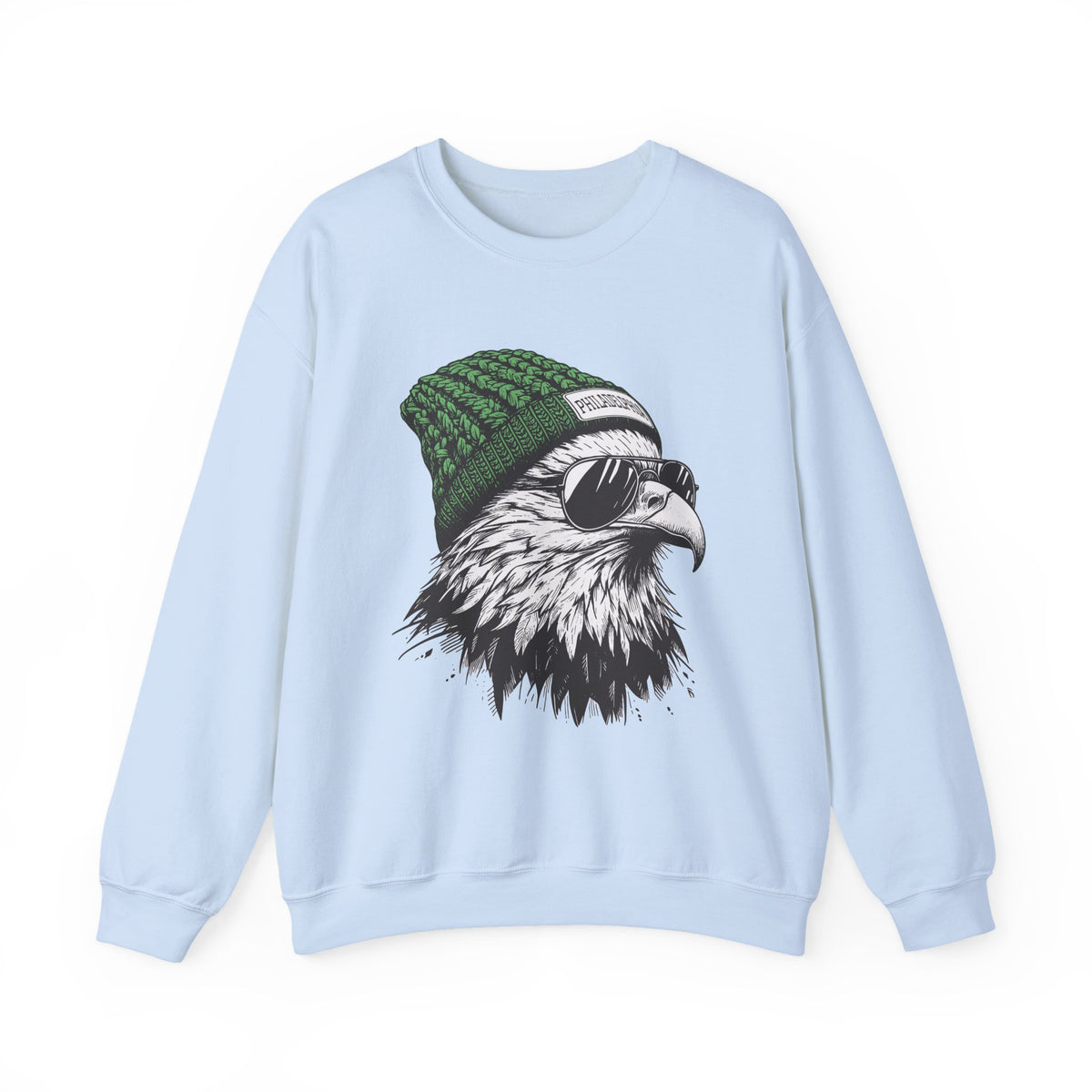 Light Blue Philly eagle beanie sweatshirt with eagle in green knit hat and aviators, front view
