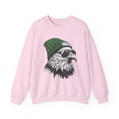 Light Pink Philly eagle beanie sweatshirt with eagle in green knit hat and aviators, front view