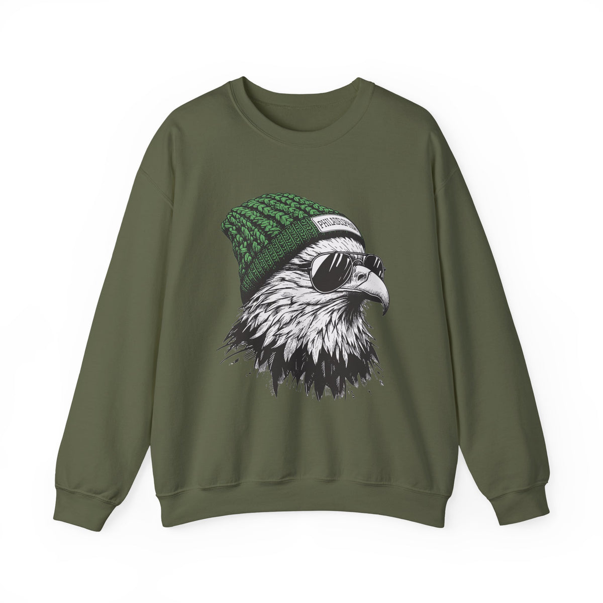 Military Green Philly eagle beanie sweatshirt with eagle in green knit hat and aviators, front view