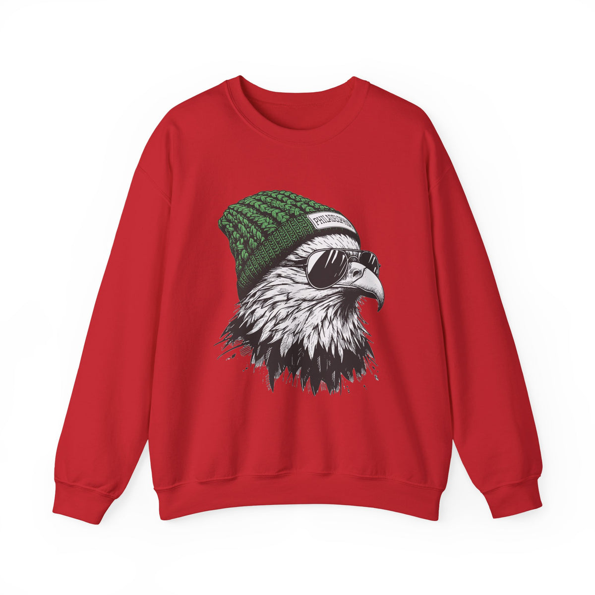 Red Philly eagle beanie sweatshirt with eagle in green knit hat and aviators, front view
