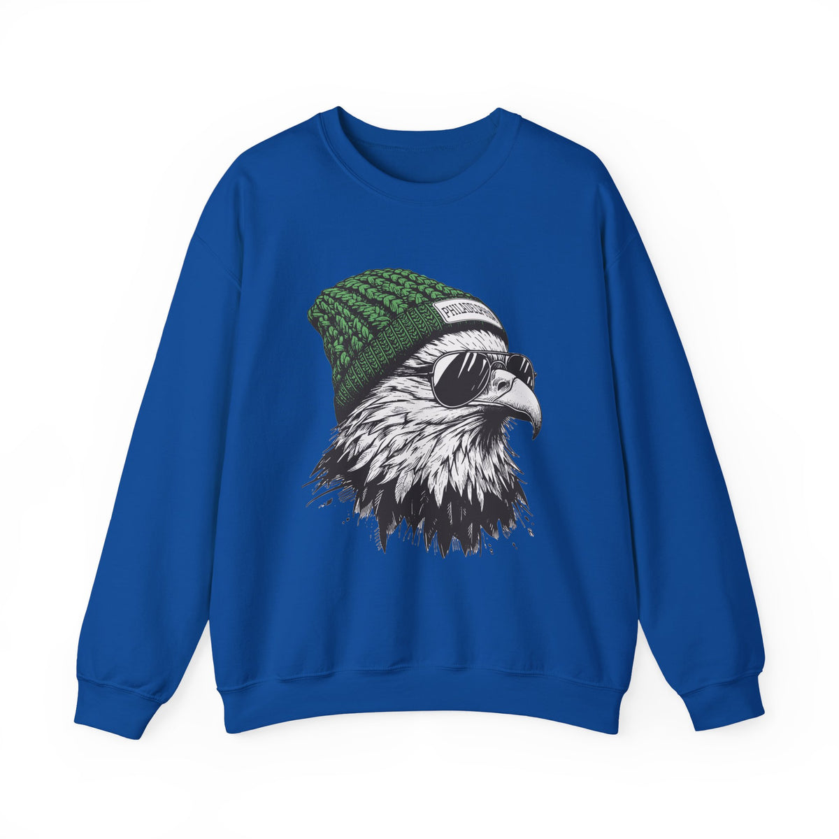 Royal Philly eagle beanie sweatshirt with eagle in green knit hat and aviators, front view