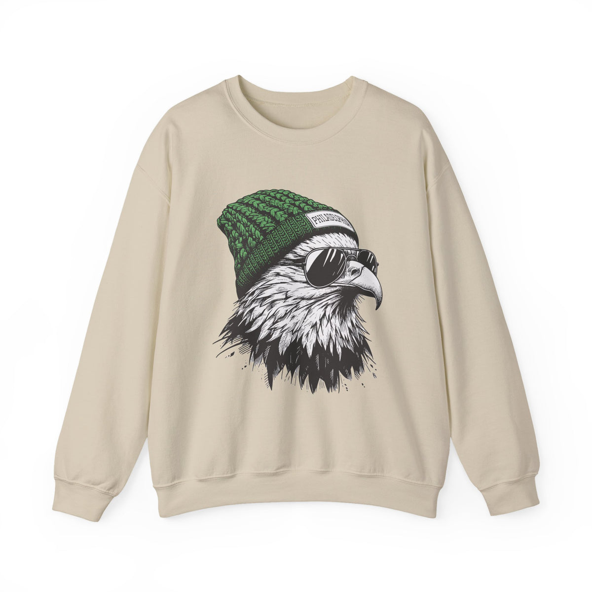 Sand Philly eagle beanie sweatshirt with eagle in green knit hat and aviators, front view