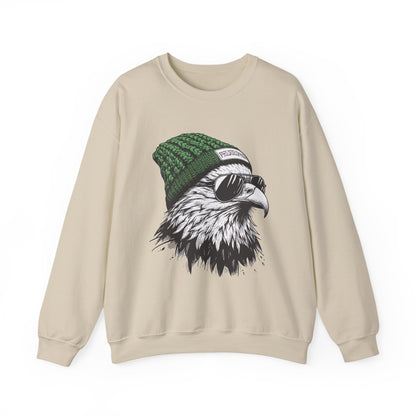 Sand Philly eagle beanie sweatshirt with eagle in green knit hat and aviators, front view