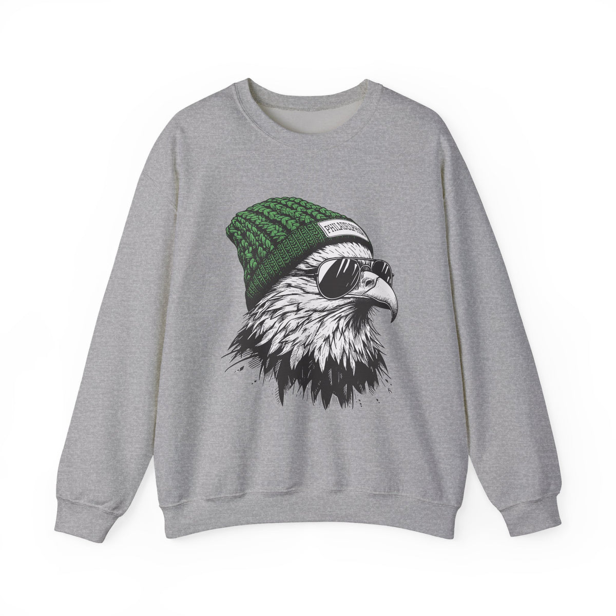 Sport Grey Philly eagle beanie sweatshirt with eagle in green knit hat and aviators, front view