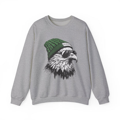 Sport Grey Philly eagle beanie sweatshirt with eagle in green knit hat and aviators, front view