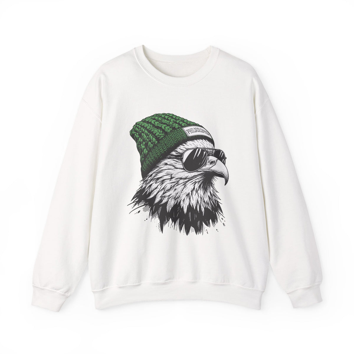 White Philly eagle beanie sweatshirt with eagle in green knit hat and aviators, front view