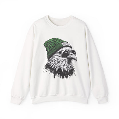 White Philly eagle beanie sweatshirt with eagle in green knit hat and aviators, front view