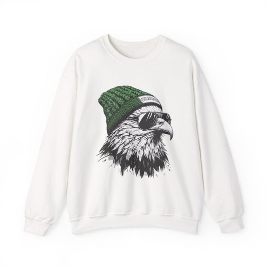 White Philly eagle beanie sweatshirt with eagle in green knit hat and aviators, front view
