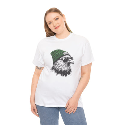 Woman wearing the Philly eagle beanie t-shirt, front view