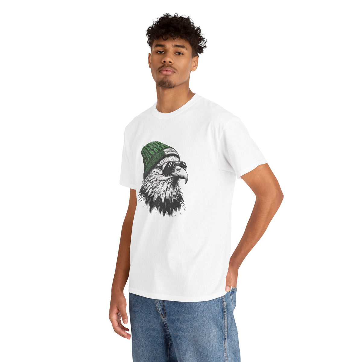 Man wearing the Philly eagle beanie t-shirt, front view