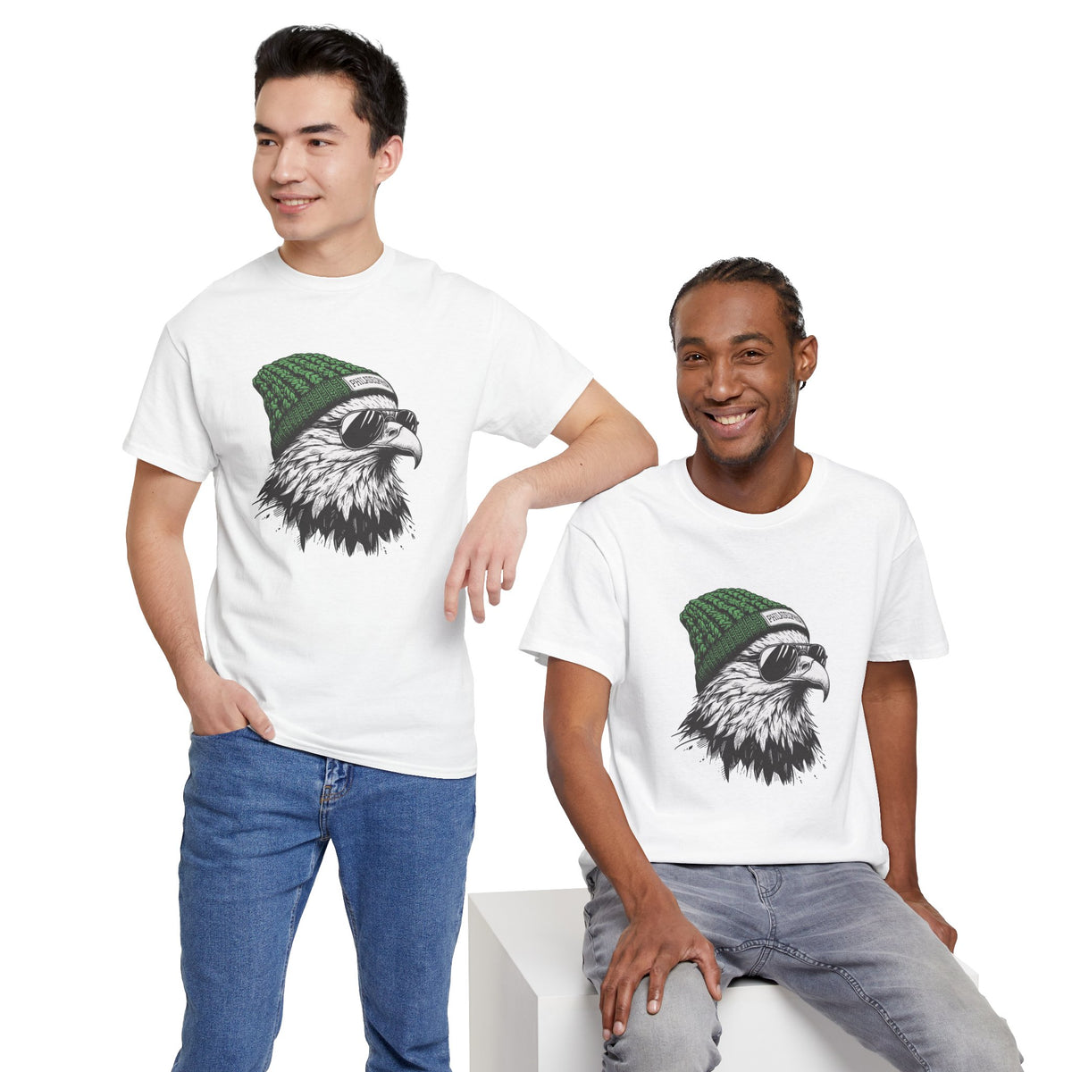 Two men wearing the Philly eagle beanie t-shirt