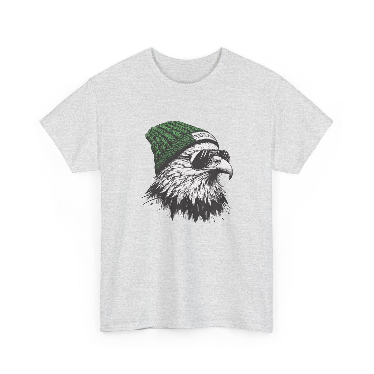 Ash Philly eagle beanie t-shirt with eagle in green knit hat and aviators, front view